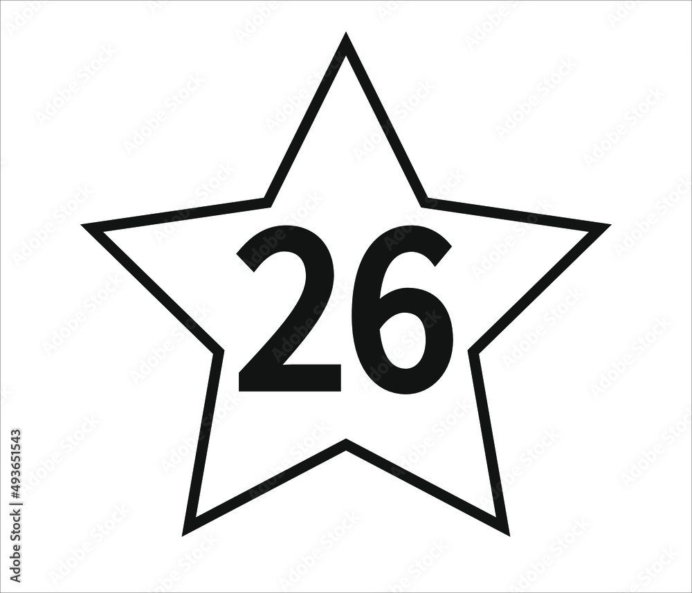 number 26. black vector with star and white background. number 26. black vector with star and white background.