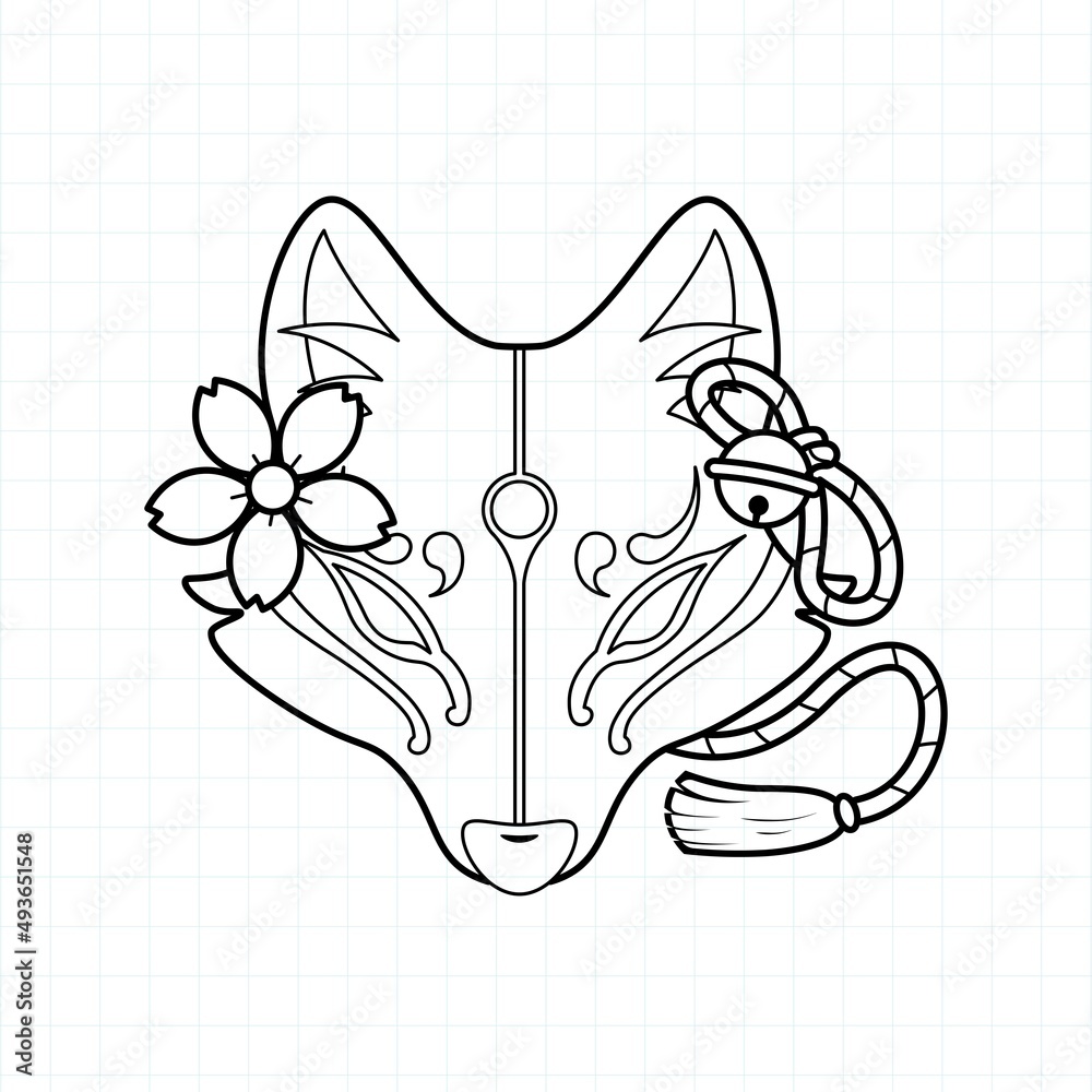 Japanese kitsune mask coloring page, Vector illustration eps.10 Stock