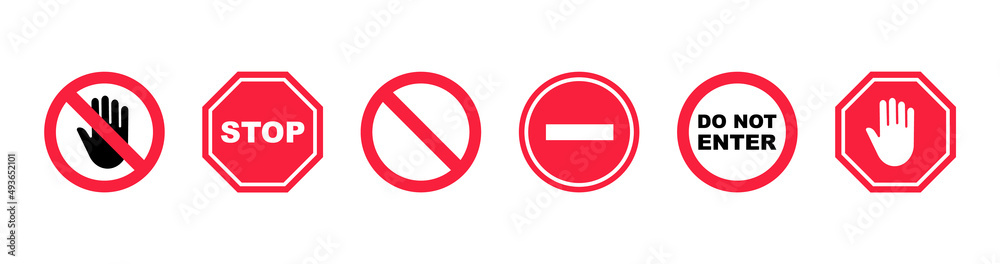 Stop sign set. Traffic stop icons. Prohibition sign collection. Do not enter. Warning and attention signs. Dangerous signs. Vector illustration.