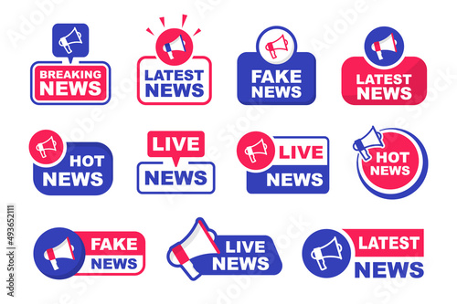 Set of labels latest news with megaphone. Breaking, live, hot and fake news. Announce loudspeaker icon. Vector illustration.