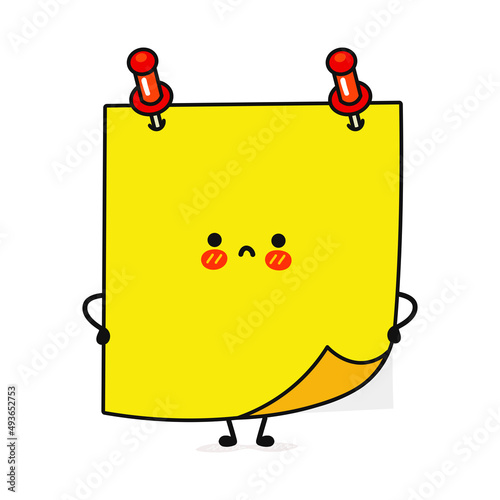 Cute sad posted notes character. Vector hand drawn cartoon kawaii character illustration icon. Isolated on blue background. Posted notes character concept
