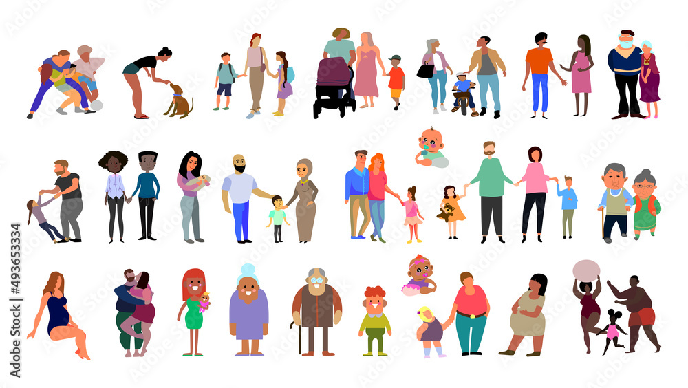 Fototapeta premium Collection of family illustrations. Parents with children spending leisure time together.