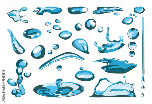 Vector set of blue water splashes, drops, smudges, liquids. Isolated objects on a white background.