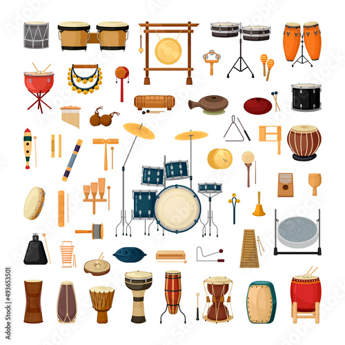 Leinwand Poster Collection of percussion and noise musical instruments.