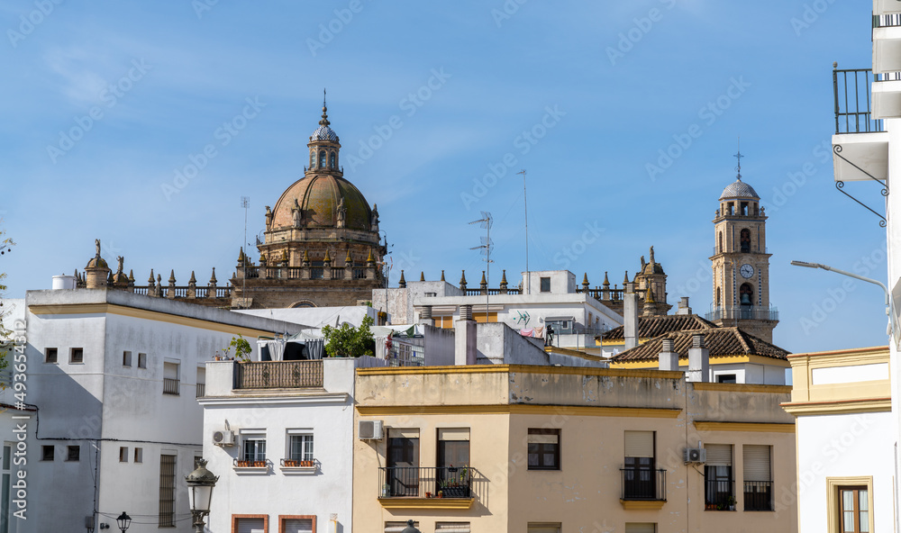 Jerez cityscape of downtown with the historic cathedral in the background