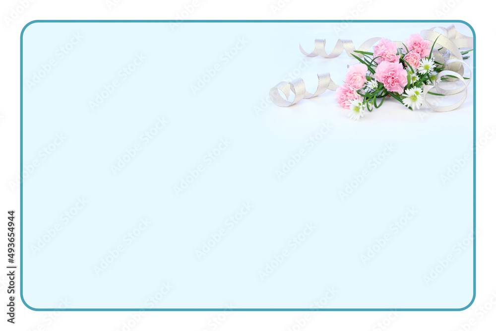 母の日　ピンクのカーネーションと白い孔雀草の花束のフレーム（ブルーバック）