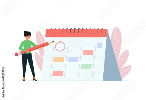 Planning concept. Woman standing with huge calendar and holds big marker. Time management. Vector illustration.