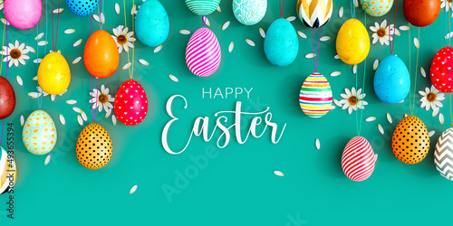 Variety of colored eggs with white flowers decoration and Happy Easter text on turquoise blue background 3D Rendering, 3D Illustration