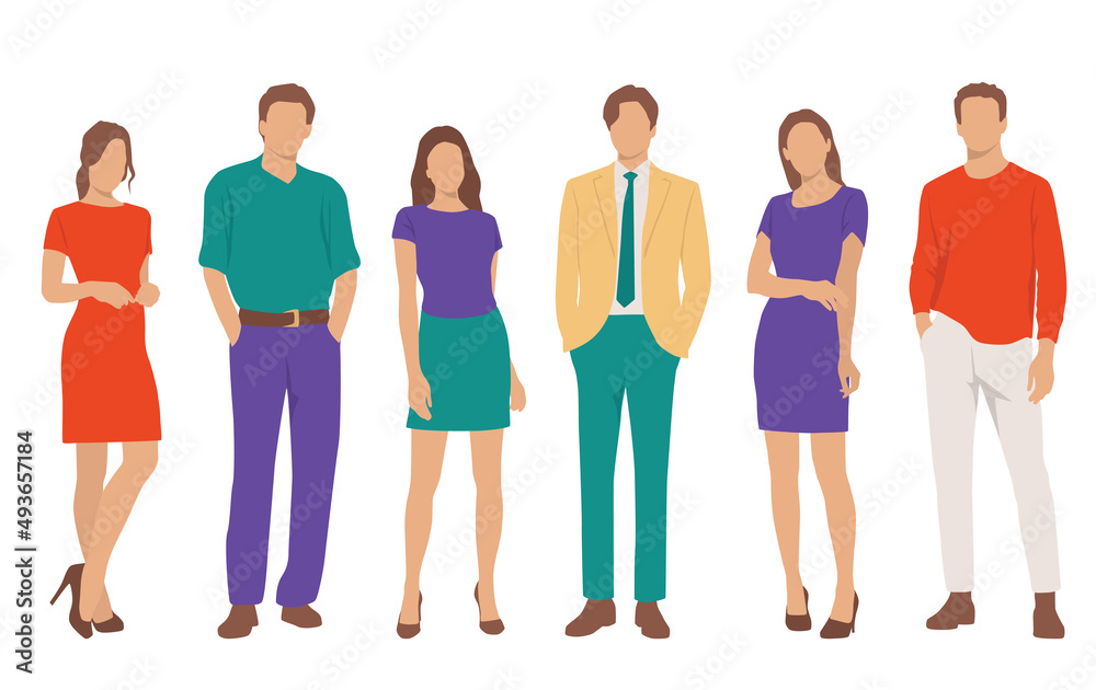 Fototapeta premium Set of young men and women, different colors, cartoon character, group of silhouettes of standing business people, students, the design concept of flat icon, isolated on white background