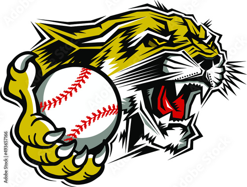 angry cougar mascot holding baseball for school, college or league