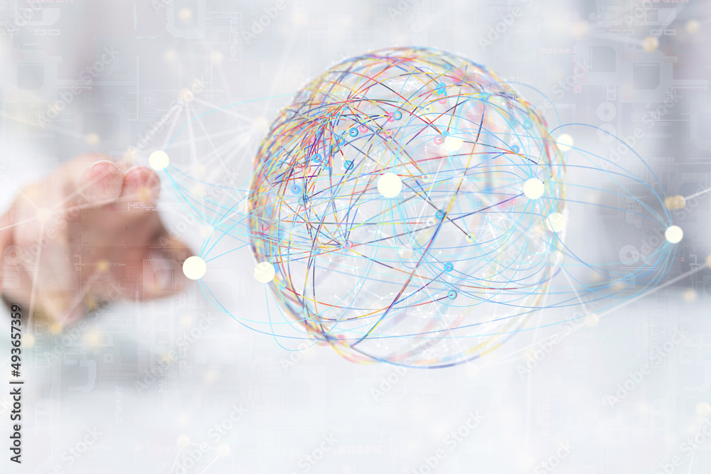 Global network. Blockchain. 3D illustration. Neural networks and artificial intelligence. Abstract