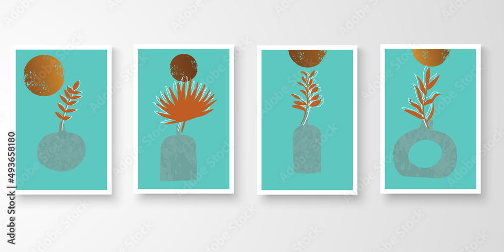 Set of minimal natural wall art in white frames. Foliage line art drawing with abstract shape composition earth tone. Moon plants pot art vector illustration.
