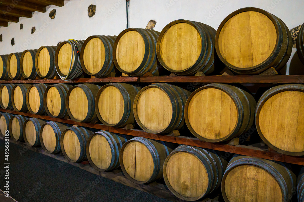 Stacked wooden barrels in a wine cellar