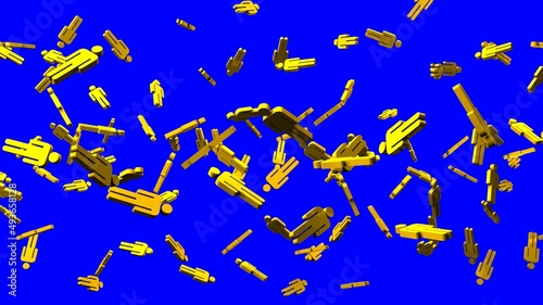 Yellow human shaped objects on blue chroma key background. 3D illustration for background. 