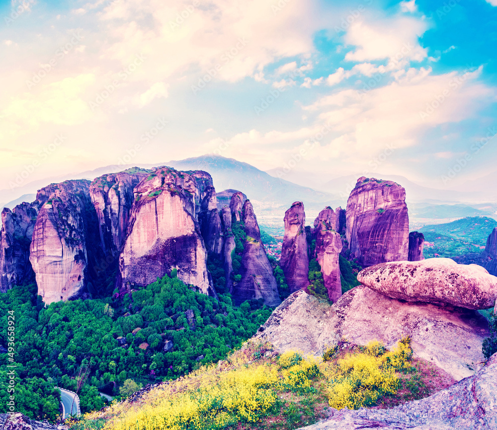 magnificent magical landscape in the famous valley of the Meteora rocks in Greece at sunset. Great amazing world. Attractions.