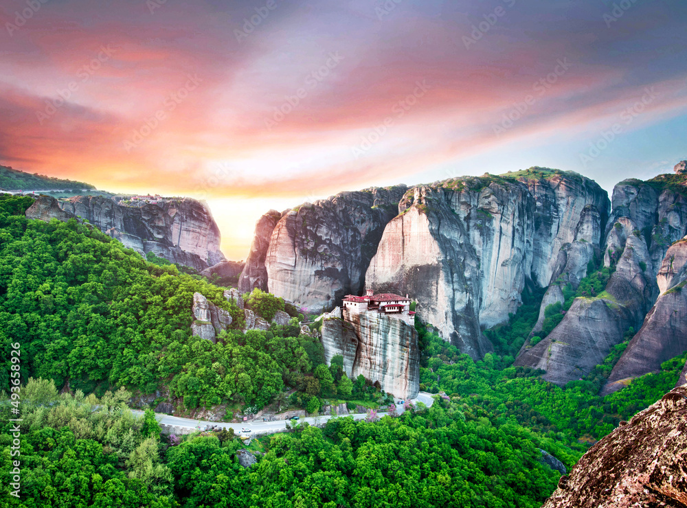 magnificent magical landscape in the famous valley of the Meteora rocks in Greece at sunset. Great amazing world. Attractions.