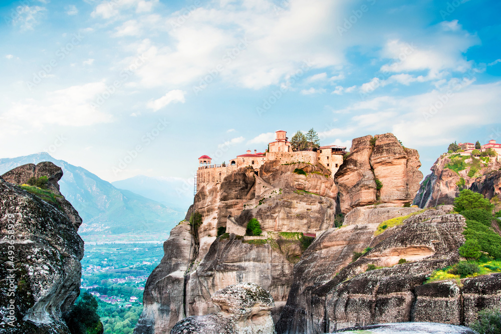 Eastern Orthodox Monastery of Varlaam in holy complex in the famous valley of the Meteora rocks in Greece. Great amazing world. Attractions.