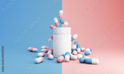 Blue and pink capsules pill spilled out from white plastic bottle container. Global healthcare concept. Antibiotics drug resistance. Antimicrobial capsule Pharmaceutical industry. Pharmacy. 3d render
