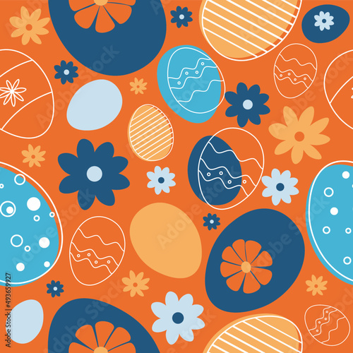 Seamless easter pattern in orange,yellow and blue with flowers and eggs.