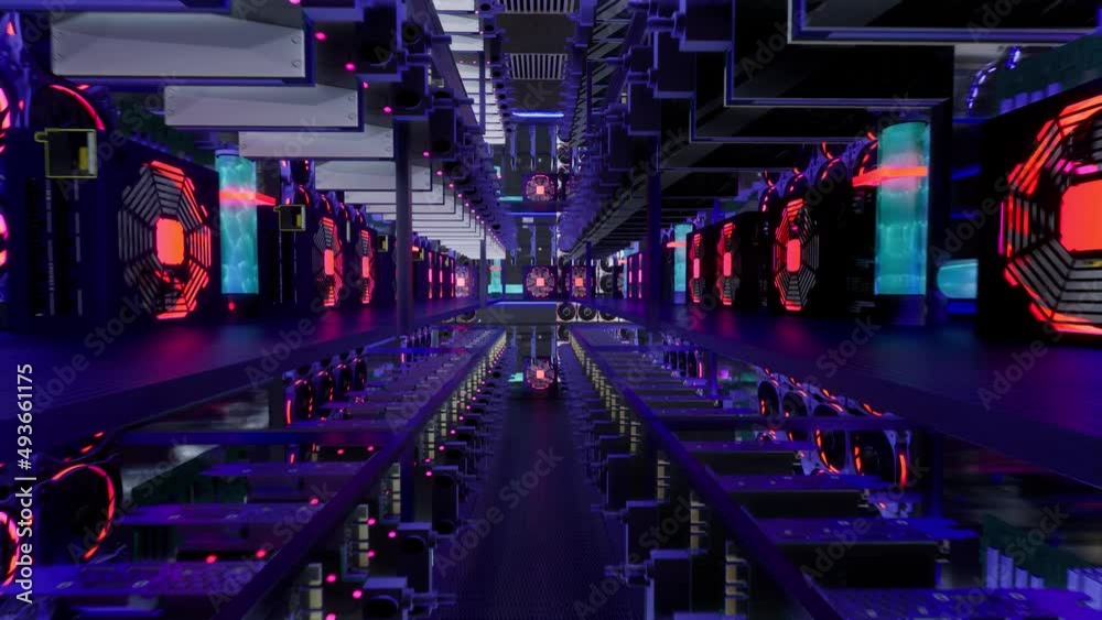 3D animation of mining equipment on stand racks mine cryptocurrency in steel container. Blockchain technology application specific integrated circuit datacenter. Server room lights.