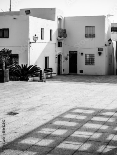 View of a street in the old town of Mojácar, Almería, Spain; black and white image