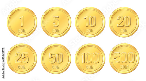 Set of shiny gold coins of different denominations. Vector illustration