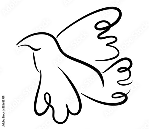 Beautifull and unic flighing dove of peace separate line art black on white background Symbol of Easter holidays. photo