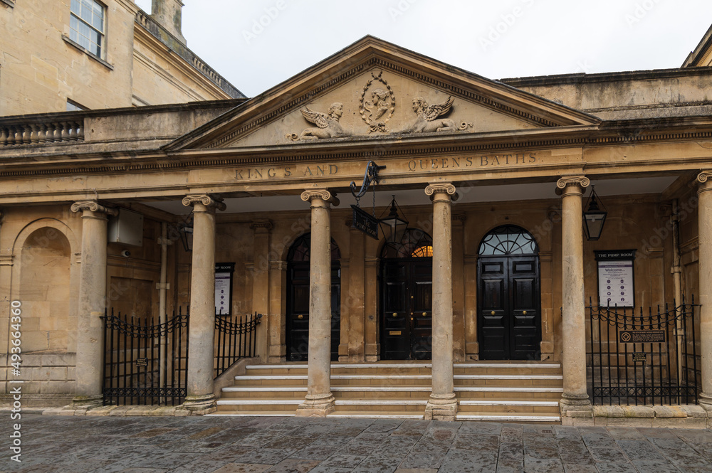City of Bath, UK. Restored ancient Roman Baths in. Entrance to the Pump Room in Roman baths.