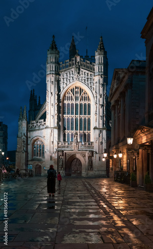 City of Bath, UK. Night sightseeing of Bath downtown with Abbey Church of Saint Peter and Saint Paul next to restored in Victorian times ancient Roman Baths. © Jakub Rutkiewicz