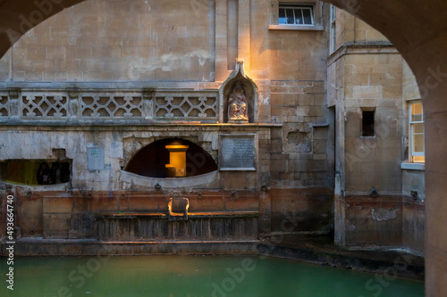 City of Bath, UK. Evening sightseeing of restored in Victorian times ancient Roman Baths.