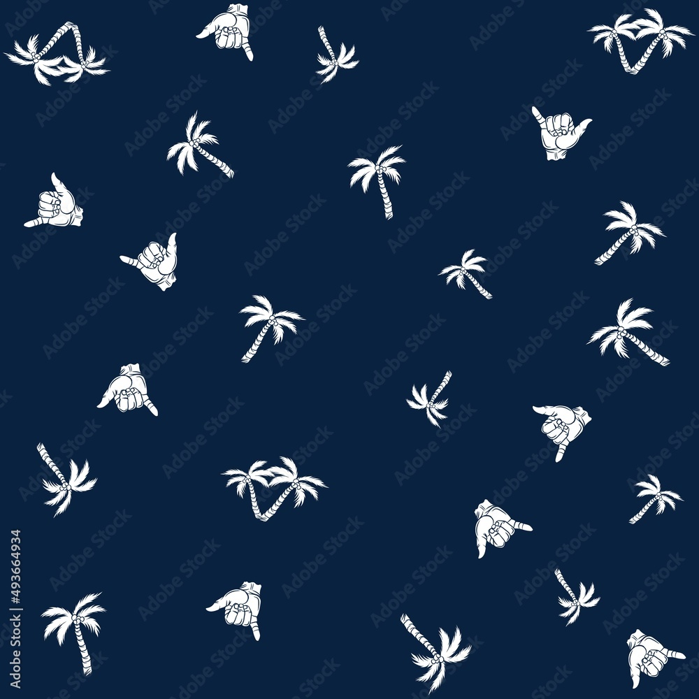 Illustration pattern surf elements, palms, hand and background vacation style Illustration pattern surf elements, palms, hand and background vacation style