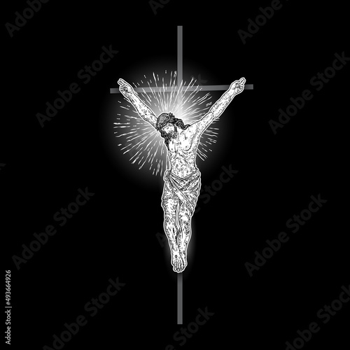 Jesus Christ on the cross with Rays of halo light and beams, symbol of saint. Crucifix drawing. Art tattoo reference template on black background. Religion pride and glory. Good Friday Vector.