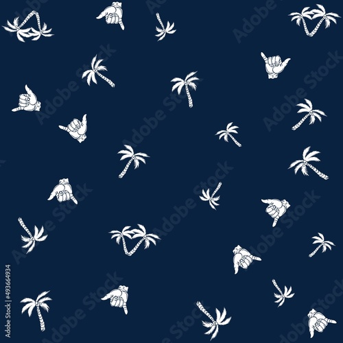 Illustration pattern surf elements, palms, hand and background vacation style
