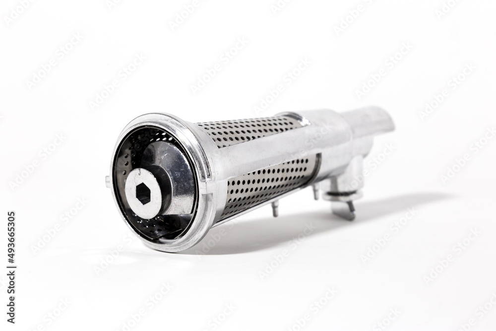 Meat grinder juicer attachment. Stainless steel. Collapsible. Juice attachment. White background. Meat grinder juicer attachment. Stainless steel. Collapsible. Juice attachment. White background.