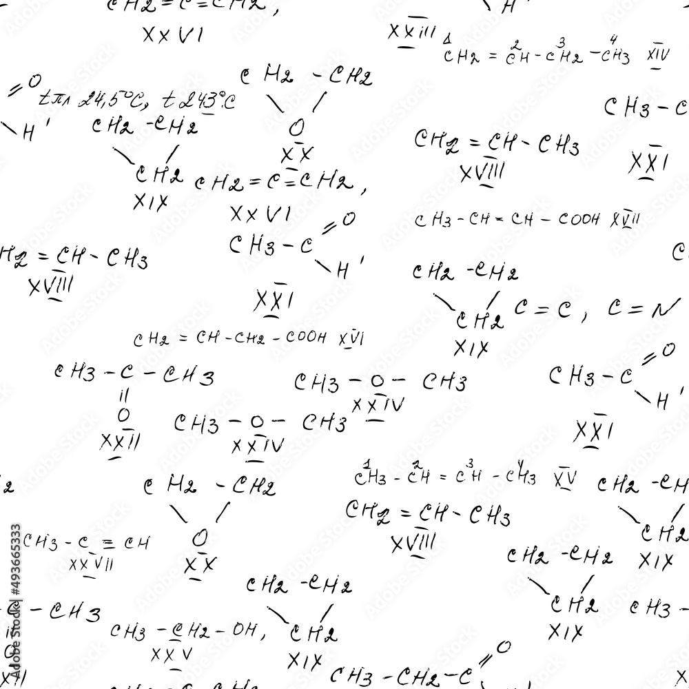 Seamless endless pattern background with handwritten chemistry formulas, chemical relationship or rules expressed in symbols, various matter, compounds, composed of atoms, molecules and ions. Vector. Seamless endless pattern background with handwritten chemistry formulas, chemical relationship or rules expressed in symbols, various matter, compounds, composed of atoms, molecules and ions. Vector.