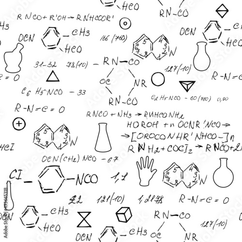 Seamless endless pattern background with handwritten chemistry formulas, chemical relationship or rules expressed in symbols, various matter, compounds, composed of atoms, molecules and ions. Vector.