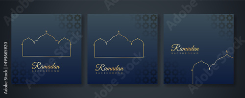 Islamic ramadan kareem greeting card. Black gold ramadan holiday invitation template with mosque star moon crescent and gold Arabic pattern. Vector illustration.