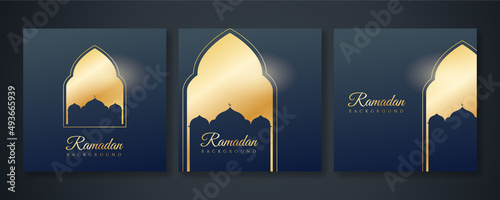 Islamic ramadan kareem greeting card. Black gold ramadan holiday invitation template with mosque star moon crescent and gold Arabic pattern. Vector illustration.