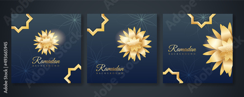 Islamic ramadan kareem greeting card. Black gold ramadan holiday invitation template with mosque star moon crescent and gold Arabic pattern. Vector illustration.