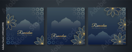 Islamic ramadan kareem greeting card. Black gold ramadan holiday invitation template with mosque star moon crescent and gold Arabic pattern. Vector illustration.