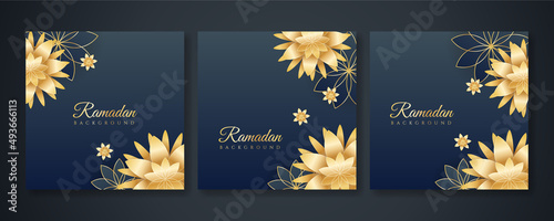 Islamic ramadan kareem greeting card. Black gold ramadan holiday invitation template with mosque star moon crescent and gold Arabic pattern. Vector illustration.