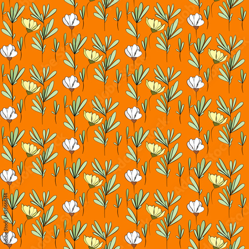 Vector seamless half-drop pattern, with leaves and flowers