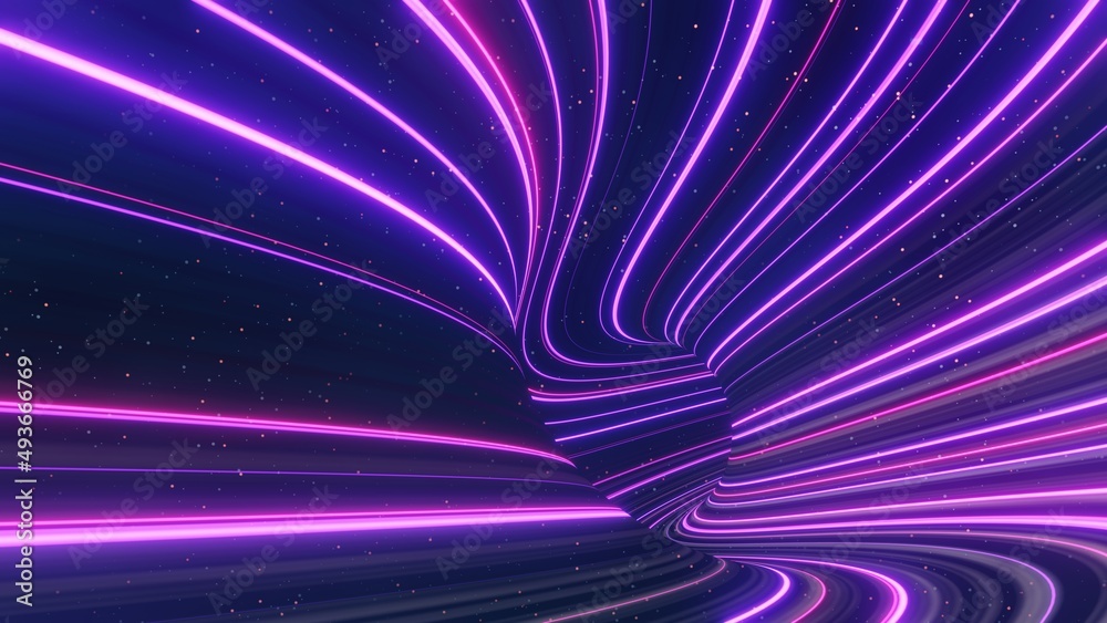 Obraz premium 3d render of flash neon and light glowing on dark scene. Speed light tunnel through the city or urban. Technology internet of future network. Sci fiction of hyperspace interstellar travel.