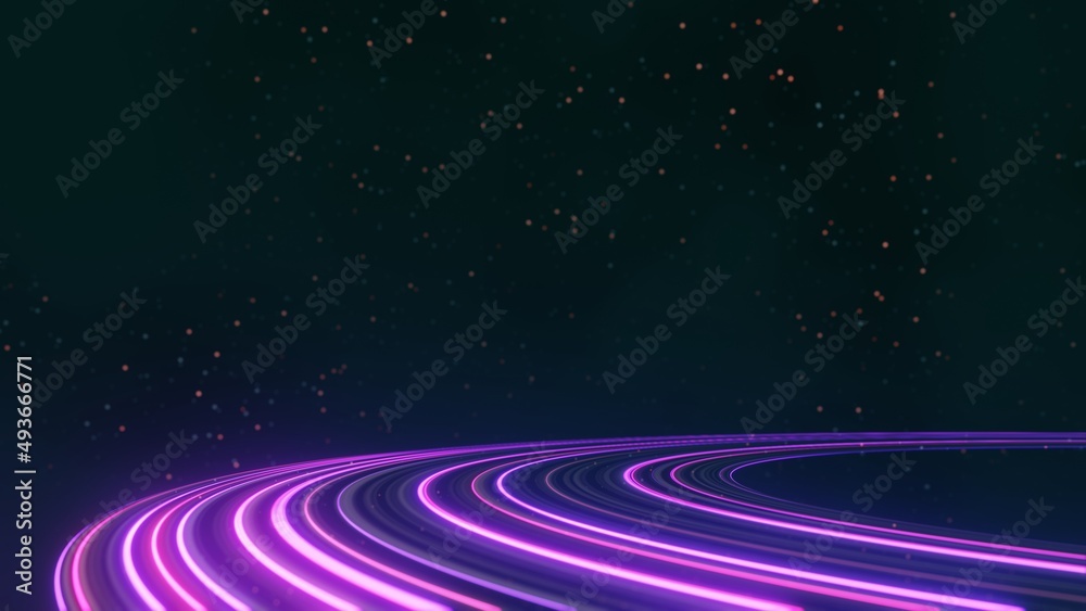 Obraz premium 3d render of flash neon and light glowing on dark scene. Speed light tunnel through the city or urban. Technology internet of future network. Sci fiction of hyperspace interstellar travel.