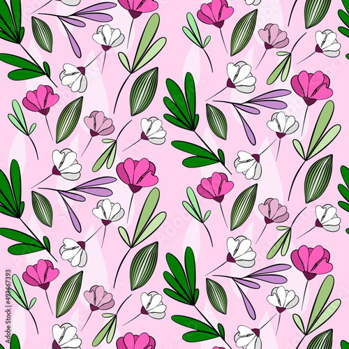 Vector seamless half-drop pattern  with leaves and flowers