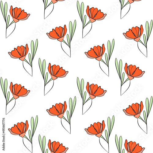 Vector seamless half-drop pattern  with leaves and flowers