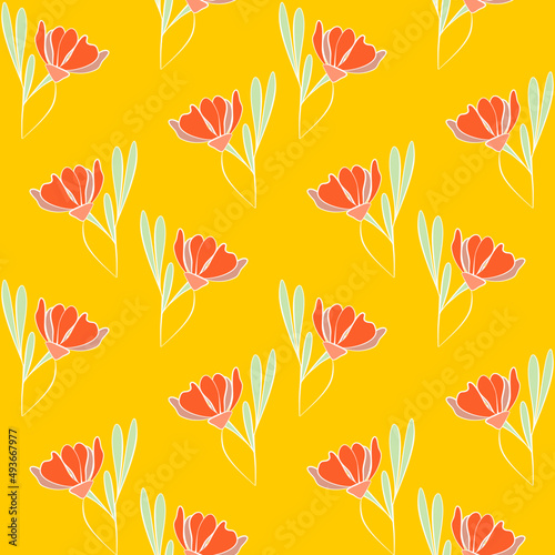 Vector seamless half-drop pattern  with leaves and flowers