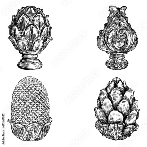Set of brass or stone pineapple finial hand drawing. Detailed architecture design element. Vector.