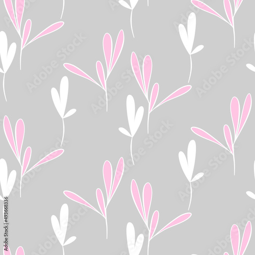 Vector seamless half-drop pattern, with leaves and flowers