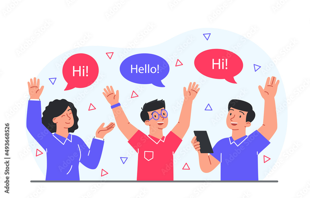 Waving hello concept. Boys and girls greet each other. Happy characters smile, strong relationship between friends. Positive and optimistic people, friendship. Cartoon flat vector illustration Waving hello concept. Boys and girls greet each other. Happy characters smile, strong relationship between friends. Positive and optimistic people, friendship. Cartoon flat vector illustration